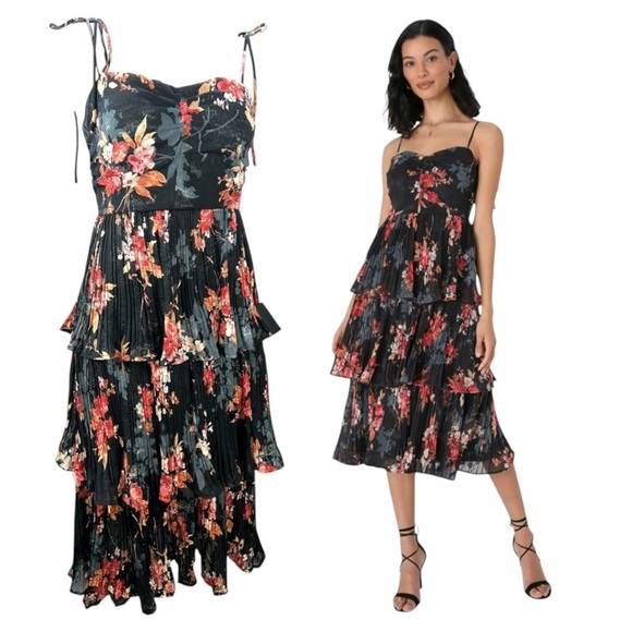 Lulus | Tier to Stay Black Floral Print Tiered Tie-Strap Midi Dress size M New - Picture 1 of 16